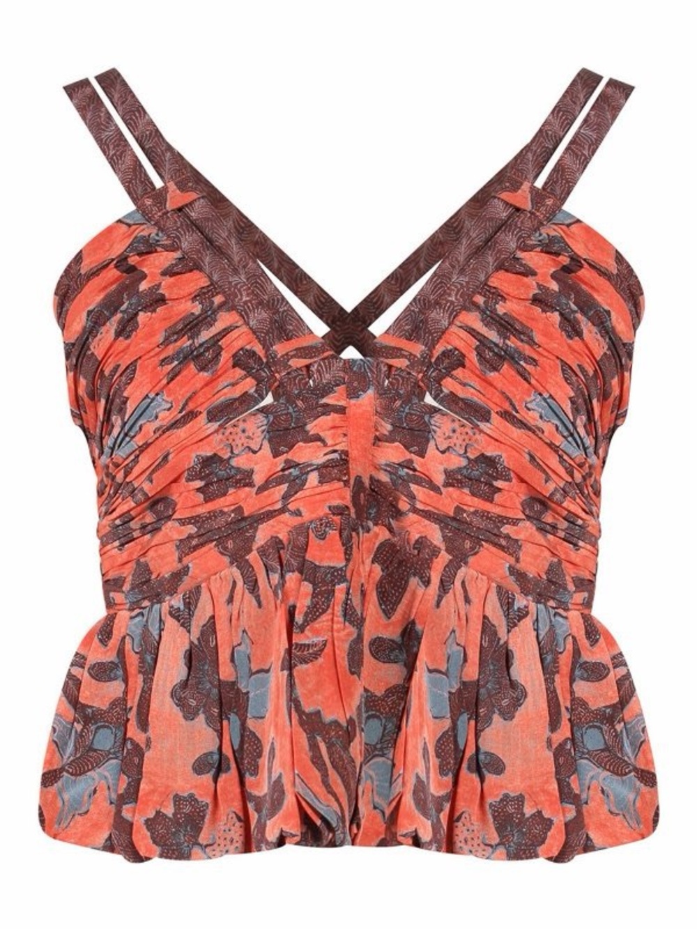 Ulla Johnson Coral and Brown Floral Ruched Peplum Camisole